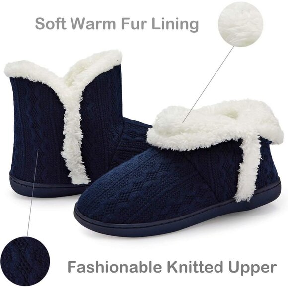 Women's Winter Warm Fluffy Fur Lined Plush Bootie Slippers Dark Blue White Shoes - Picture 3 of 7